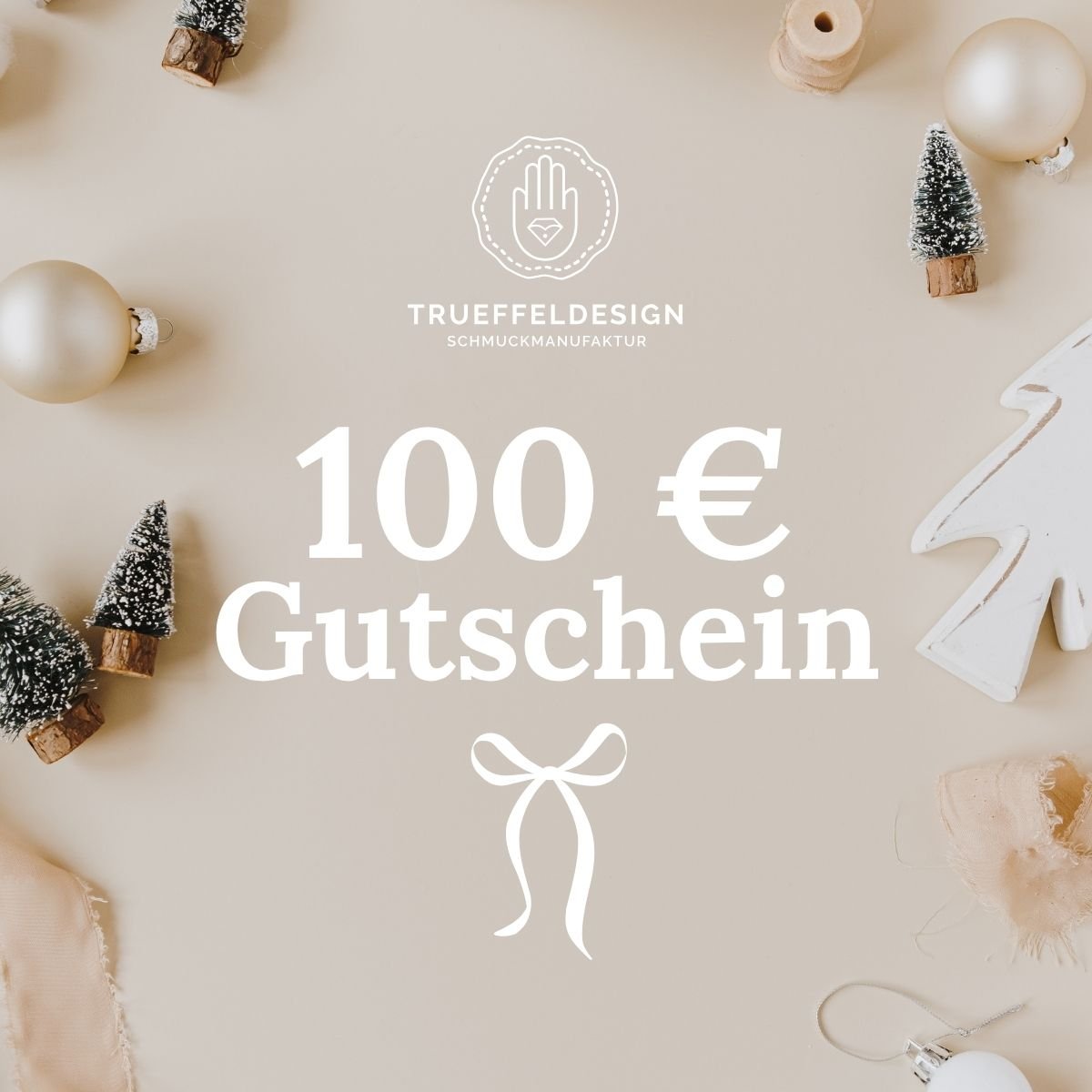 100 € Schmuck Geschenkidee Weihnachten – Geschenkgutschein von Trueffeldesign auf festlichem Hintergrund.