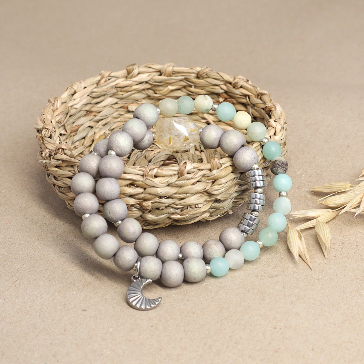 Amazonit Wickelarmband mit Citrin und Mond-Anhänger