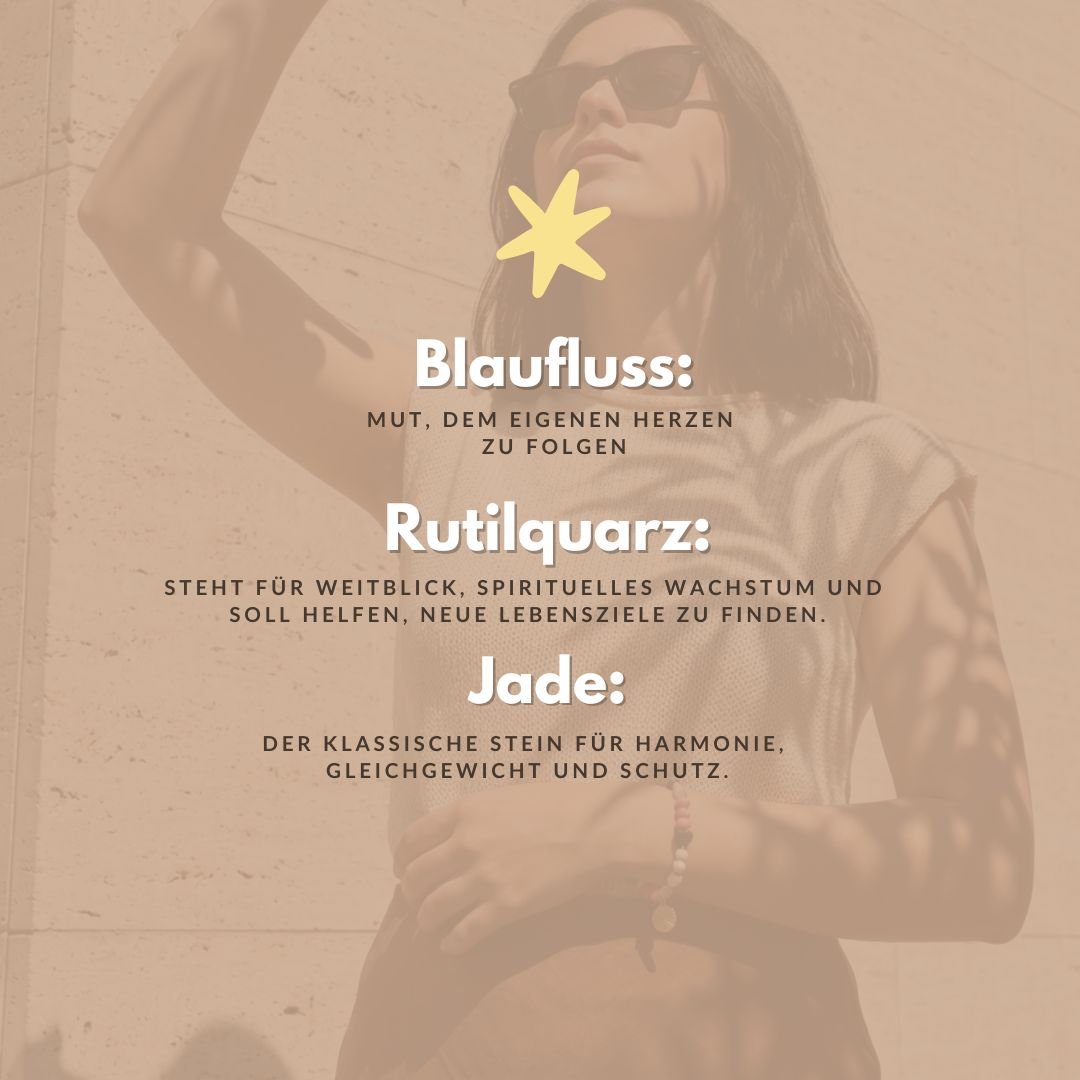 Infografik zur Wirkung der Edelsteine: Blaufluss für Mut, Rutilquarz für Weitblick und Jade für Harmonie | trueffeldesign