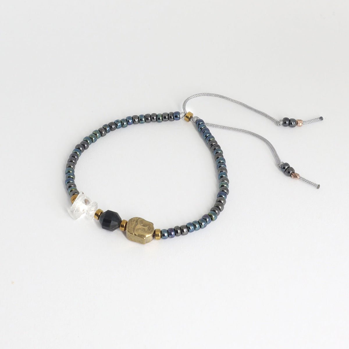Buddha Armband mit Tigerauge grau und Bergkristall – spiritueller Schmuck, größenverstellbar