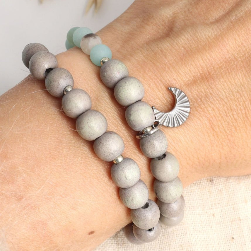 Citrin Armband mit Amazonit und Holzperlen – Rückseite mit Mond-Anhänger