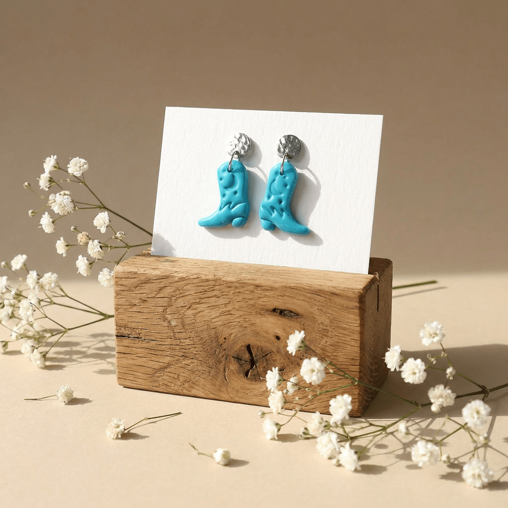 Cowboy Boots Ohrringe als Cowboy Schmuck auf Holzblock arrangiert