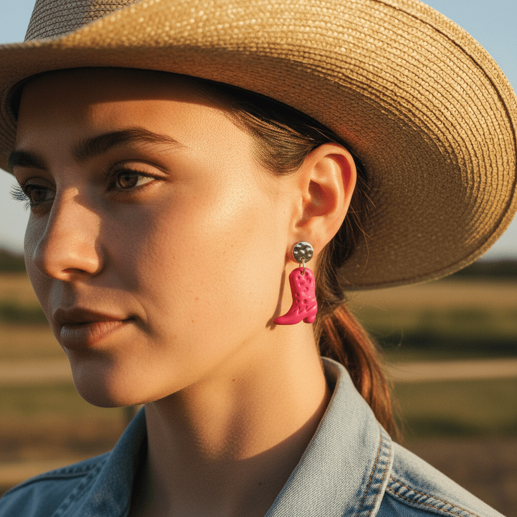 Frau mit Hut trägt Cowboy Schmuck im Profil