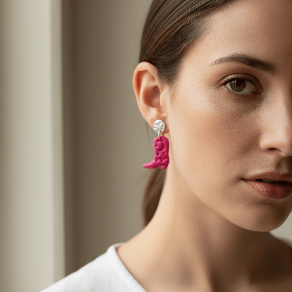 Frau mit pinken Cowboy-Boots-Ohrringen vor hellem Hintergrund