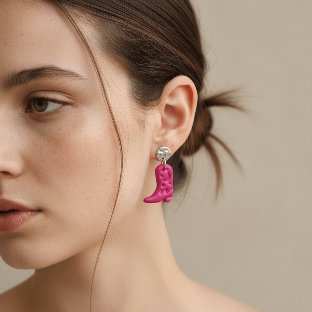 Frau trägt pinke Cowboy-Boots-Ohrringe im Ohr, seitliches Porträt