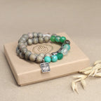 Holzperlen Armband mit grünem Achat, Bergkristall und Hämatit