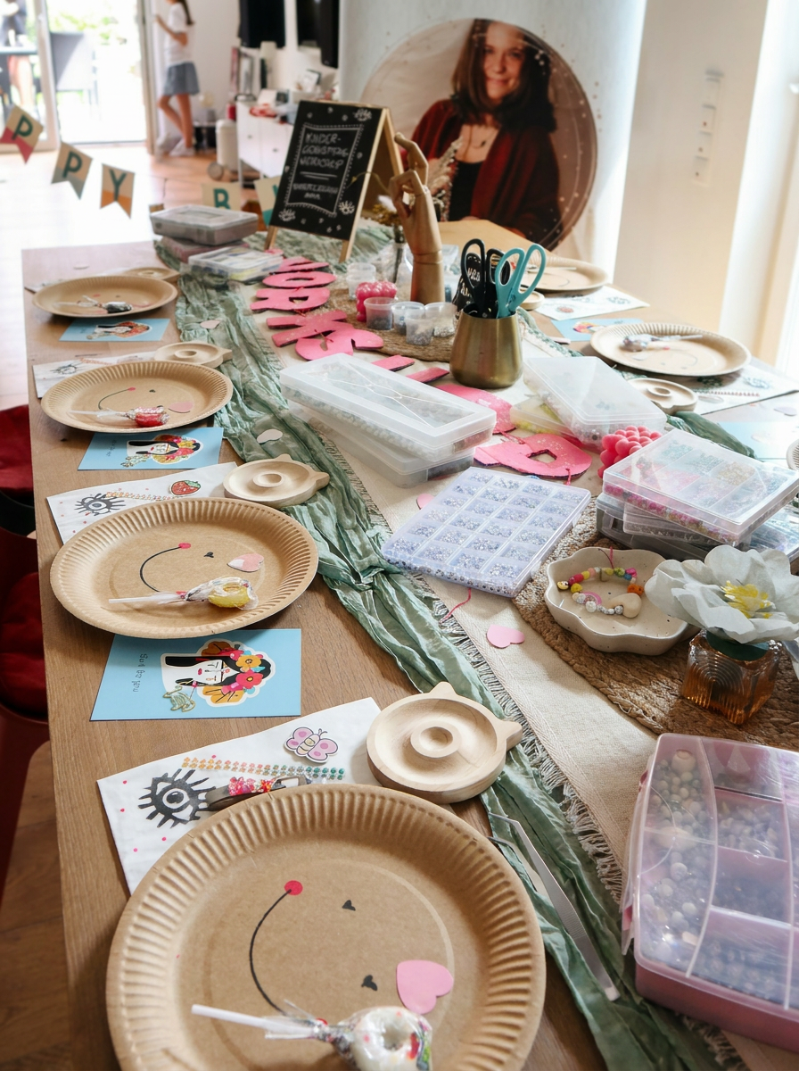 Festlich dekorierter Kinder-Schmuck-Workshop-Tisch mit individuellen Platzkarten, Holztabletts, Perlenkästen, pinkem Workshop-Schriftzug und Happy-Birthday-Girlande. Trueffeldesign