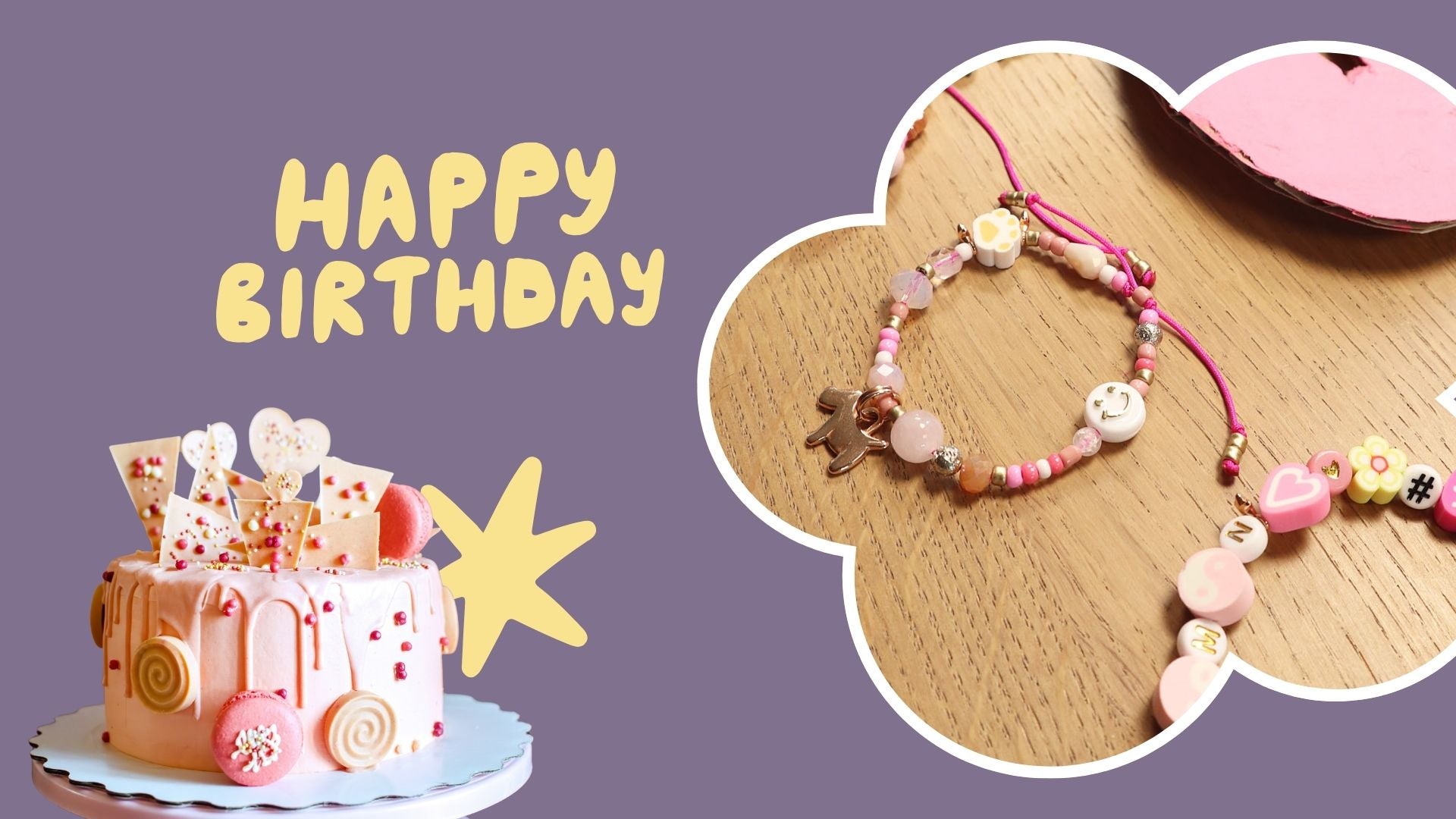 Happy Birthday Banner mit pinkem Geburtstagskuchen und selbst gebasteltem Perlenarmband mit Buchstabenperlen und Tieranhänger beim Schmuck Workshop Kindergeburtstag