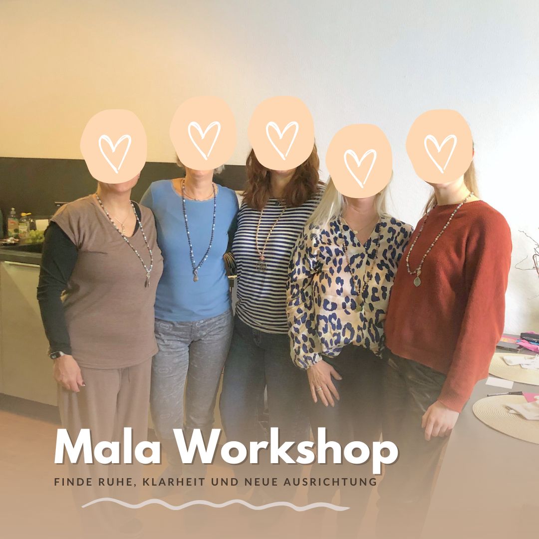 Mala Workshop Geburtstagsgruppe mit fertigen Malaketten