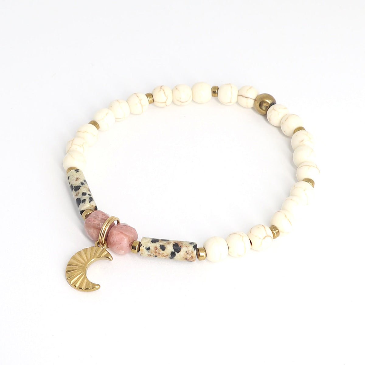 Mond Armband mit Edelsteinen & Edelstahl auf hellem Hintergrund