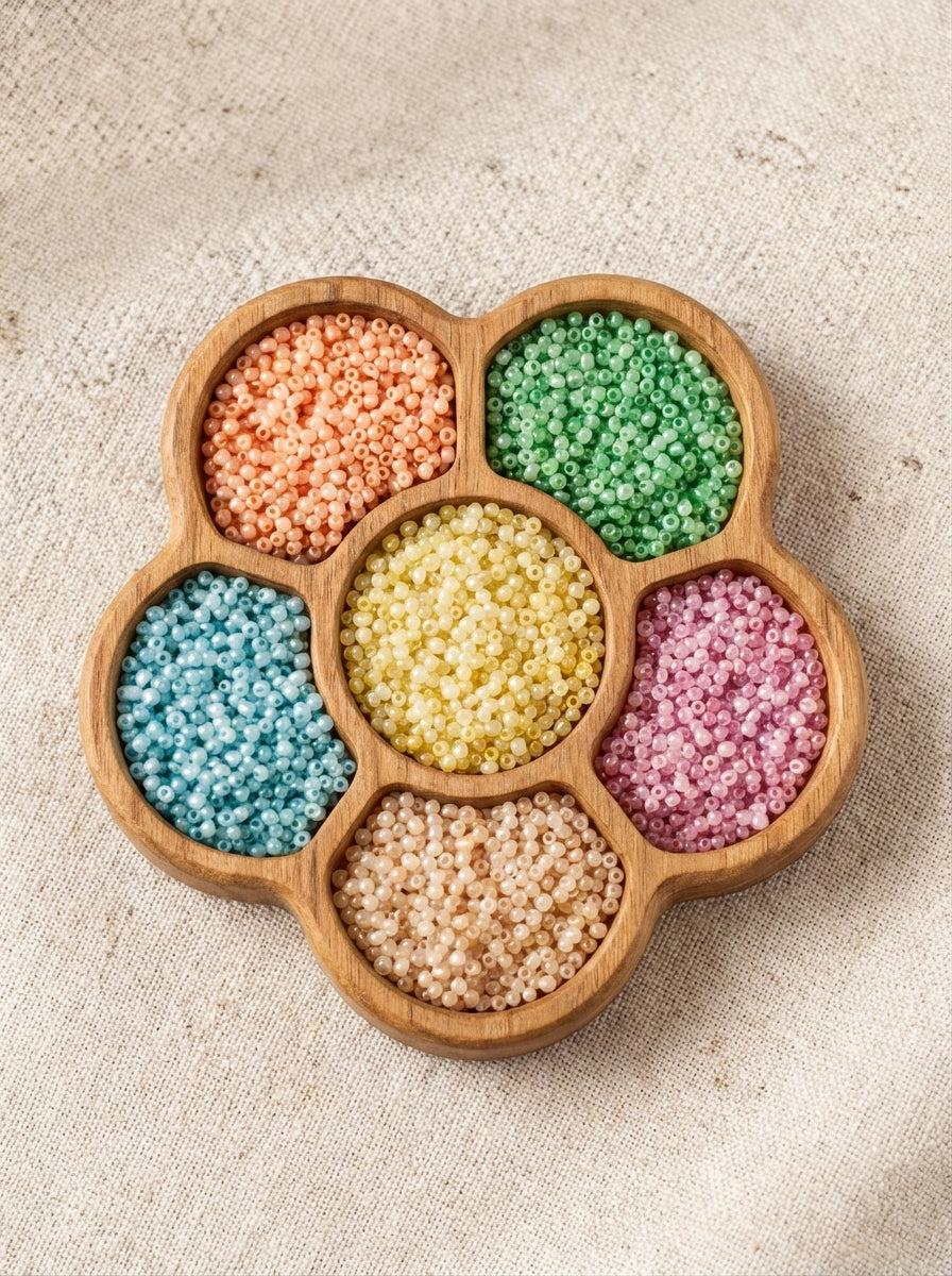Eine blumenförmige Holzschale sortiert mit bunten Perlen in Pastelltönen als Material für den Perlensticken Workshop in Köln.