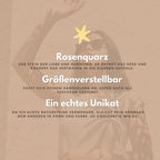 Infografik über die Wirkung von Rosenquarz als Stein der Liebe und Harmonie sowie Hinweise zur Einzigartigkeit der Natursteine | trueffeldesign