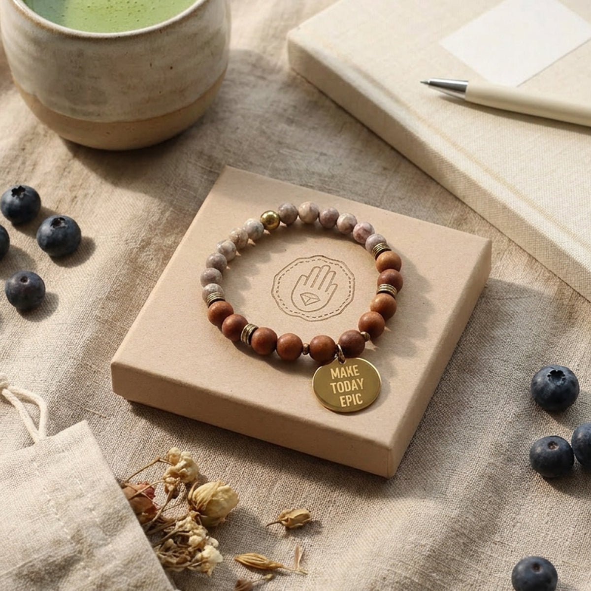 Sandelholz-Armband für Herren & Damen mit Affirmationsanhänger auf Holztablett, daneben Blaubeeren und Matcha-Tasse