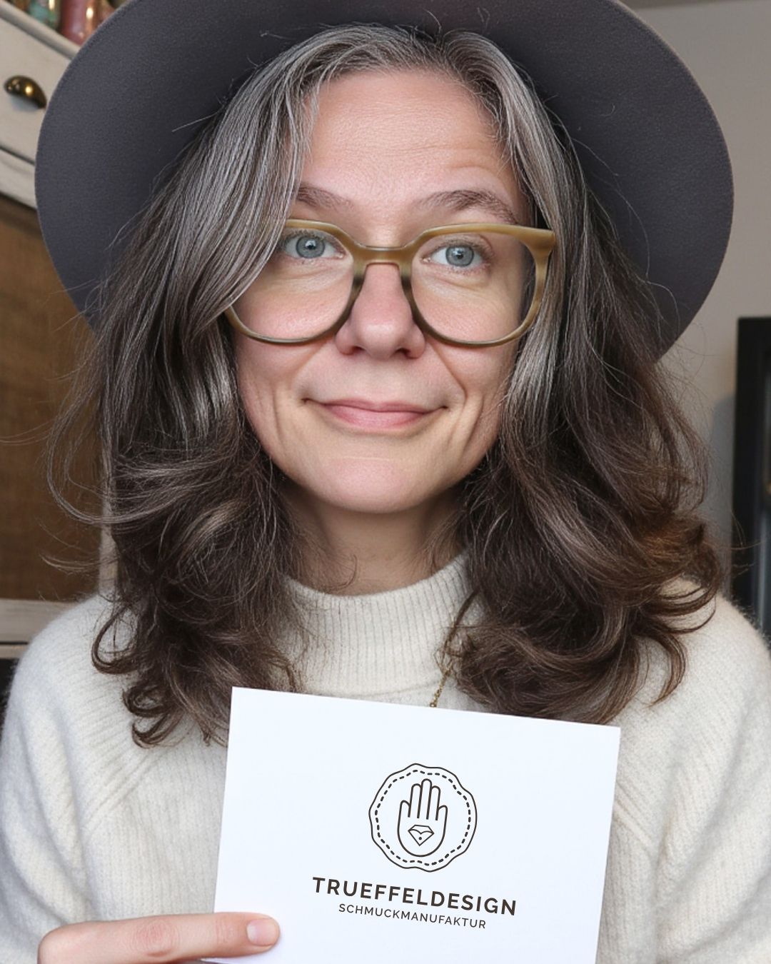 Porträt der Gründerin von trueffeldesign mit Brille, Hut und Logo-Karte als Kursleiterin für Kreativ-Workshop in Köln.