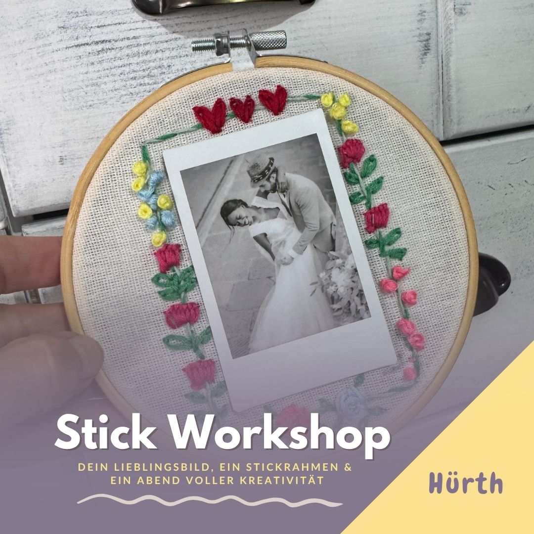 Stick-Workshop Flyer von Trueffeldesign in Hürth für moderne Stickerei mit individuellem Fotomotiv.