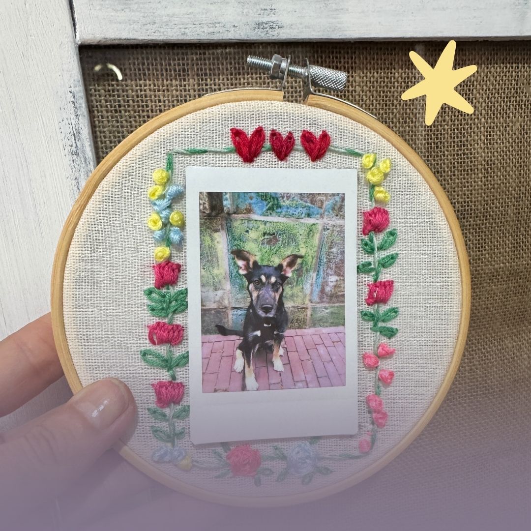Stick-Workshop Projekt: Moderne Stickerei im Holzrahmen mit einem Polaroid-Foto von einem Hund.