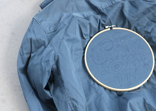Stickkurs Köln: Ein runder Holzrahmen spannt den Stoff einer blauen Upcycling-Jacke für moderne Stickerei auf.