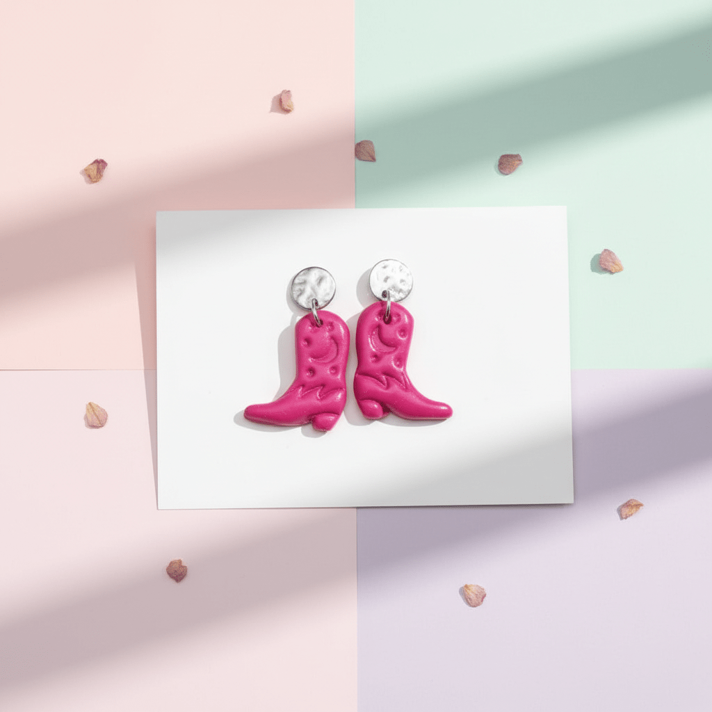 Western Ohrringe auf Schmuckkarte vor pastellfarbenem Hintergrund